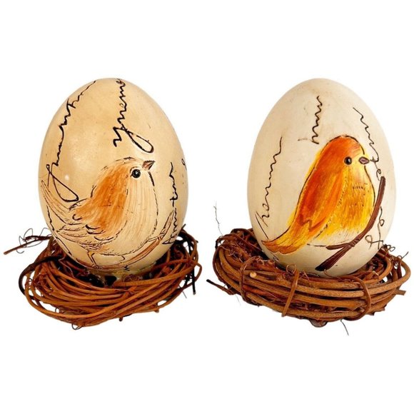 6 Vintage Hand Painted Birds On Ceramic Eggs In Nests Blue Yellow 3 1/4 Inch - Picture 9 of 12